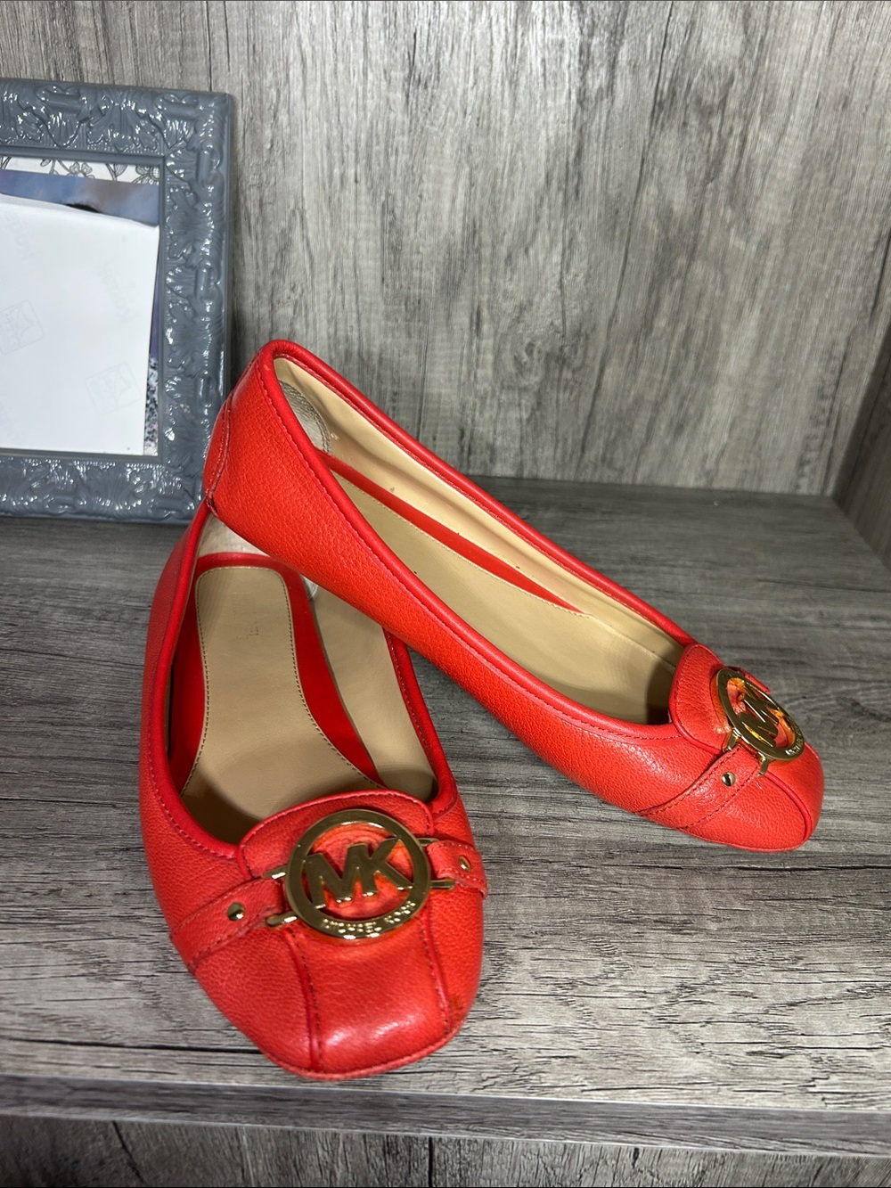 Michael Kors Red Pebbled Leather MK Logo Ballet Flats